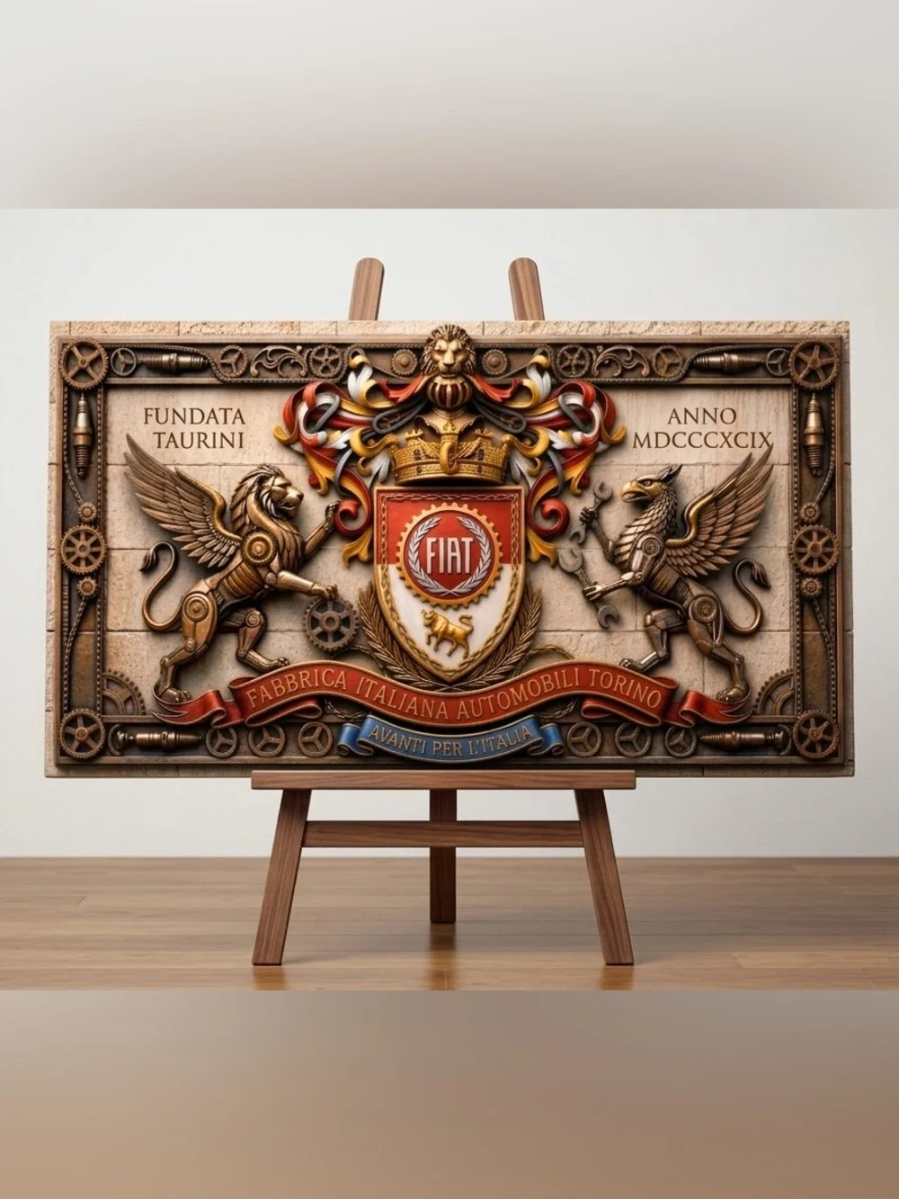 Custom FIAT Heritage Crest printed on 3mm PVC 20w x 12h approx. flat wall print.
